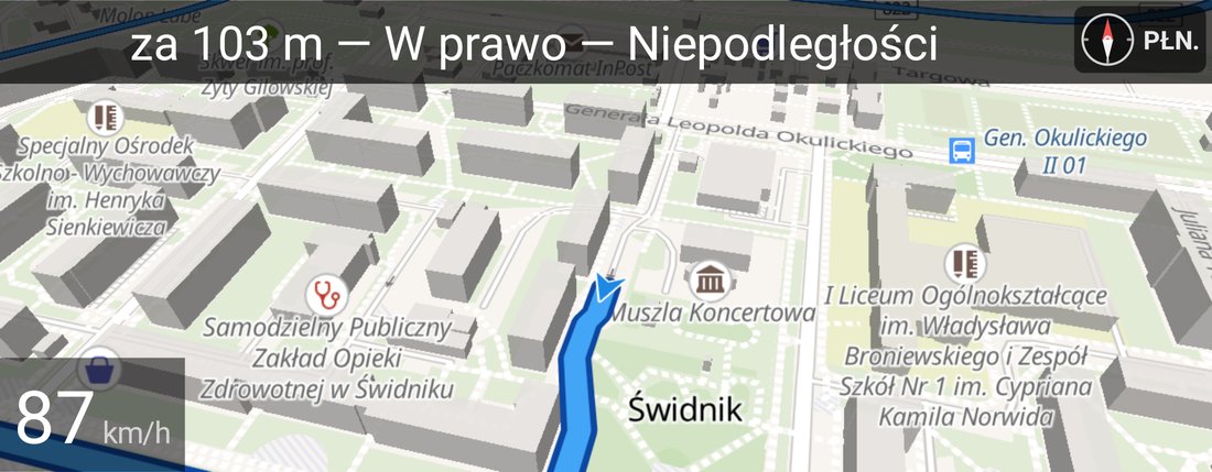 MotoMap na TFT: mapa zorientowana północą do góry, kompas pokazuje PŁN