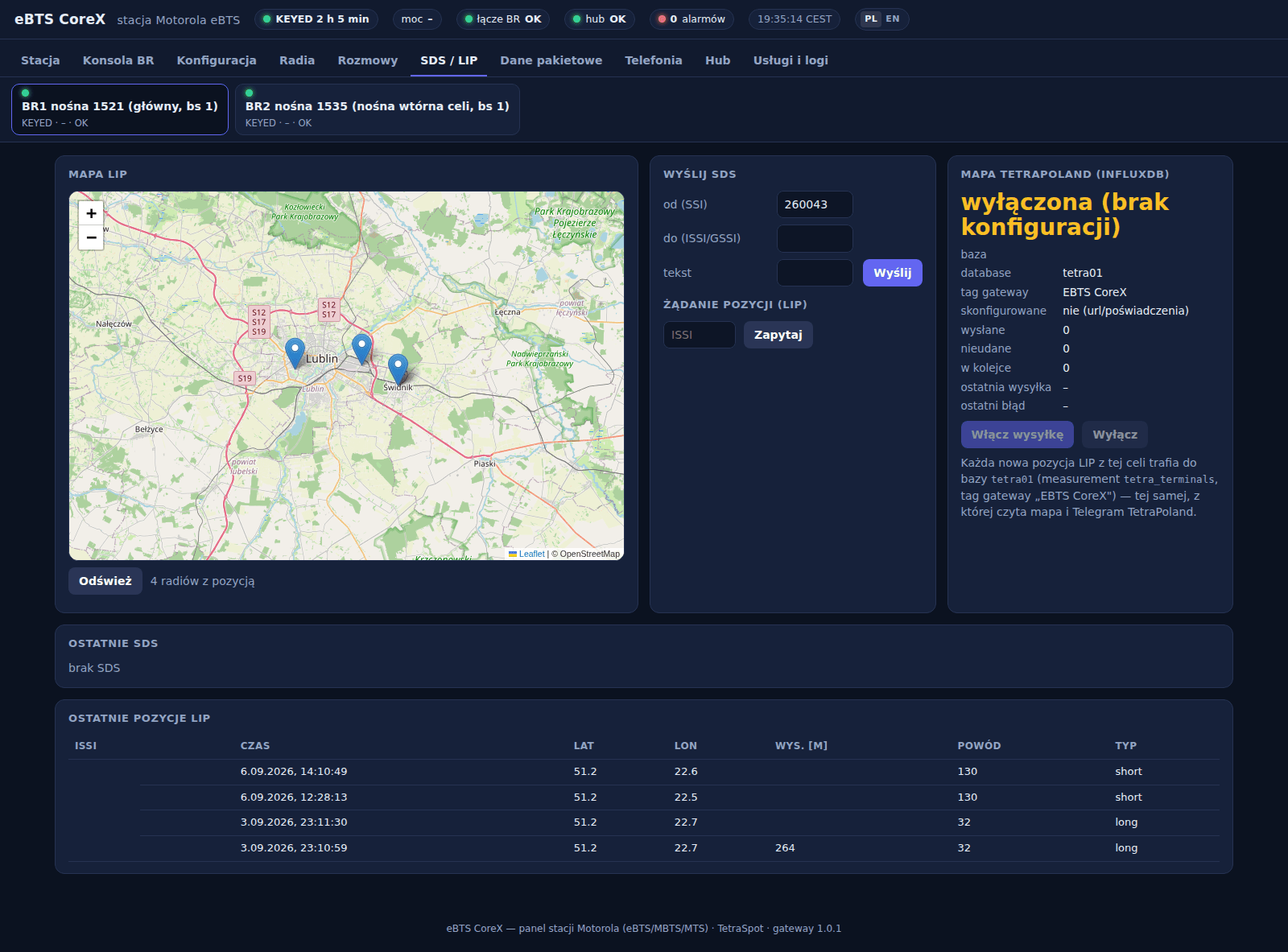 Zakładka SDS / LIP: mapa z pozycjami czterech radiotelefonów w okolicy Lublina i Świdnika, formularz wysyłania SDS i żądania pozycji, most na mapę TetraPoland oraz tabela ostatnich raportów LIP